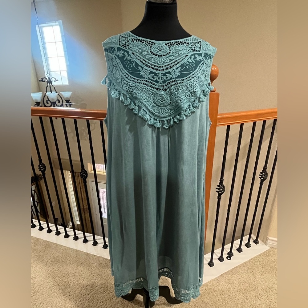 DAVI & DANI Sea Green Sleeveless CROCHET TASSLE YOKE BABYDOLL Dress SIZE 3XL - Picture 6 of 14